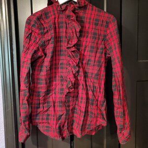 Lauren Ralph Lauren Red Plaid Ruffle Blouse - Size Large